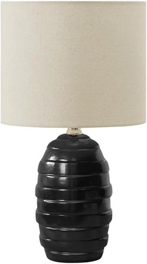 Pemberly Row 17" Black Ceramic Beehive Table Lamp, Beige Linen Shade, Contemporary Accent Lamp for Living Room, Bedroom, or Home Office, On/Off Turn Knob, Fits Standard 60W Bulb