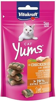 Vitakraft Cat Yums, snack gatto, morbido snack gatto ripieno con pollo ed erba gatta, in bustina richiudibile, senza zuccheri aggiunti (1x 40g)
