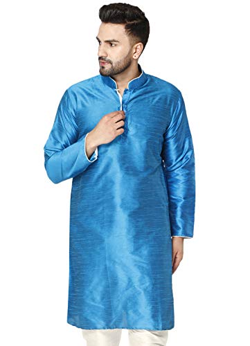 Image of Men's Art Silk Woven Design Long Kurta Mandarin Collar Straight Shirt