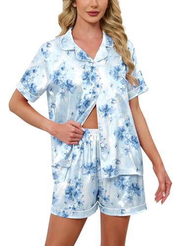 Image of Schbbbta Women Pajamas Set, 2 Pieces Satin Silk Button Down Pjs Short Sleeve Outfits Loungewear