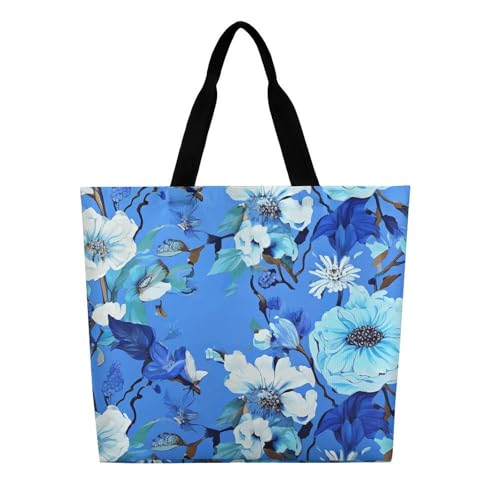 Blue Floral Large Grocery Tote Bag Women Fashion Handbag Duty Reusable Shoulder Bag for Travel Vacation Shopping Beach Bags3