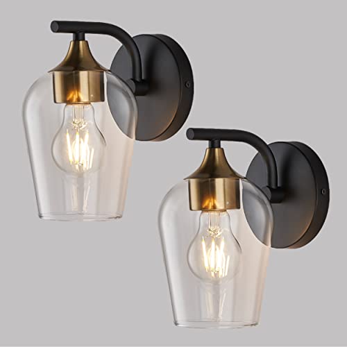Hamilyeah Gold Wall Sconces Set of 2, Black Sconces Wall Lighting with Clear Champagne Glass Shade, Industrial Bathroom Sconce Lighting, Modern and Farmhouse Wall Lamps, Listed