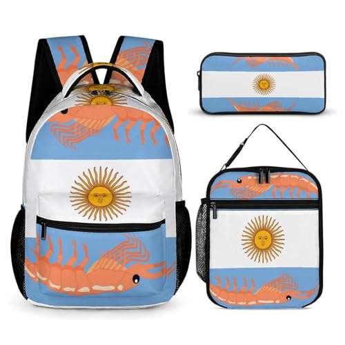 Argentine Red Shrimp Argentina Flag 3 Pcs Backpacks Set Combination 16“ Travel Backpack Portable Lunch Bag Pencil Case for Unisex