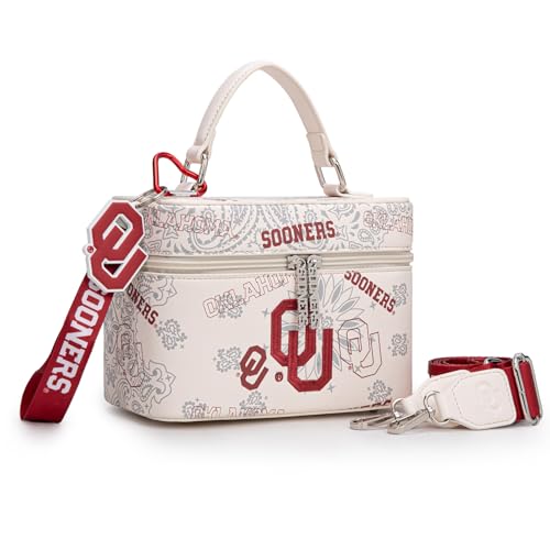 Oklahoma Sooners Makeup Bag, Leather Travel Makeup Case Organizer, Portable Cosmetic Bag for Girls Traveling With Handle (Shoulder strap included) | NC-OU007BG