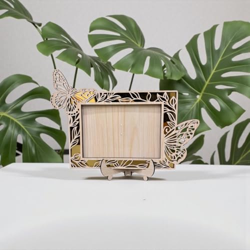 Image of Rectangle Photo Frame | Wooden Decorative Picture Frame with Butterfly Laser Cut Border & Clear Acrylic Front | Wall & Tabletop Display | Premium Home Decor & Gift (22x16 cms)
