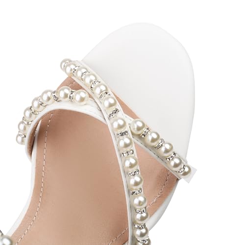 Women's Pearl Heels 3 Inch Chunky Block Heels Ankle Strap Wedding Party Prom Dressy Sandals with Back Zipper3