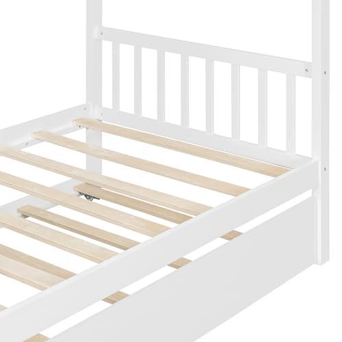 Image of Twin Size Creativity House Bed with Roof Frame and Twin Size Trundle, Montessori Wooden Platform Bed with Sturdy Slats Support for Kids Teens Girls Boys, No Box Spring Needed (White-02, Twin)