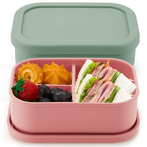 Image of Layhit 2 Pcs Silicone Bento Box for Adults, 27 oz Bento Lunch Container Reusable Food Container for Women Men, Leak Proof Microwave Dishwasher Freezer Safe (3 Compartments,Dark Red,Green)