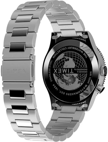 Timex 남성용 Waterbury 전통 GMT 39mm 시계 - 스테인리스 스틸 팔찌 블랙 다이얼 스테인리스 스틸 케이스 — 사진 5