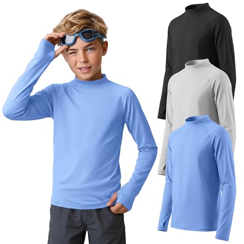 YooAurvox 3 Pack Boys' UPF 50+ Rash Guard Kids Youth Long Sleeve Quick Dry Swim Shirt Sun Protection UV Beach Surf Shirts(Black, Light Gray, Sky Blue,5-6 Years)