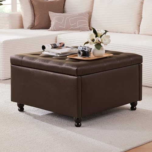 Weture 30 Inch Large Square Storage Ottoman Coffee Table, Oversized Square Ottoman with Storage, Tufted Upholstered Coffee Tables for Living Room (Leather, Brown)