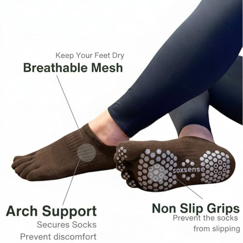 Image of Soxsense Pilates Grip Toe Socks for Women & Men, Cushioned Low-Cut Five Finger Socks Non Slip for Yoga, Barre, Gym