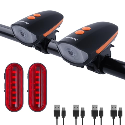 Kunhe Rechargeable Bike Horn with Light Bicycle Front and Rear Lights 2 Sets 1200mah Battery 120dB Bicycle Bell 150 lumens 3 Light Modes 5 Horn Modes Suitable for Children and Adults Night Riding