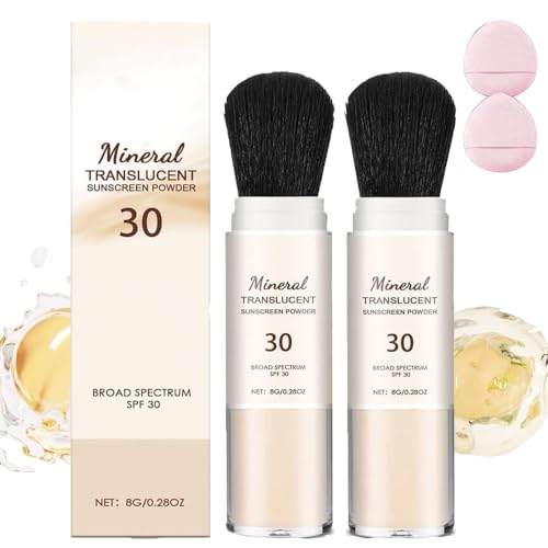 2 piezas Brocha De ProteccióN Solar En Polvo Mineral,Polvos Minerales Fijadores Con Protector Solar, Para Rostro Y Cuerpo, Polvos Faciales Mate Naturales Con Control De Grasa,Ligeros Y Transpirables