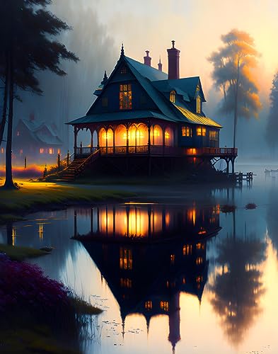 Toile 58 x 90 cm paysage brumeux village et lac une atmosphère poétique et calme