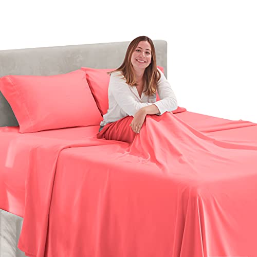 Image of Hearth & Harbor Extra Deep Pocket California King Sheets - 4 Piece Hotel Luxury California King Sheet Set Fits Up to 24 inch Mattress - Ultra Soft Luxury Bed Sheet Set - Cal King, Coral Pink