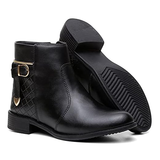 Coturno Feminino Salto Baixo Bota Botinha Cano Curto Zíper Confort - Preto/35