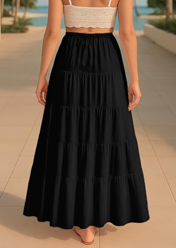 Women’s Solid Cotton Maxi Skirt with Pockets | Tiered 40-Inch Long Skirt | Elastic Waist Resort Wear | Summer Outfit3