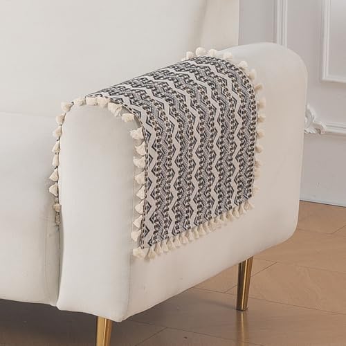 Image of HOKIPO Sofa Arm Cover with Tassel | 300 GSM Thick Cotton Acrylic Jacquard Armrest Mat, 50x70 cm, Pack of 2,'Trivana Series' Charcoal Black (IN-931-J6*2)