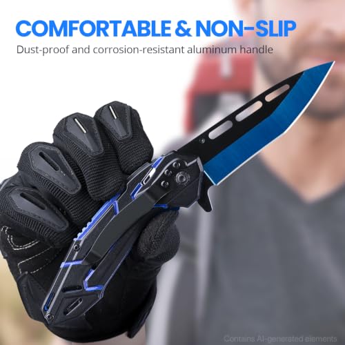 Image of FUNBRO Cool Pocket Knife for Men, Camping Knife with 3.4 inch Stainless Steel Blade, EDC Folding Knives with Clip for Outdoor Hiking, Gifts for Him Dad Husband (Blue)