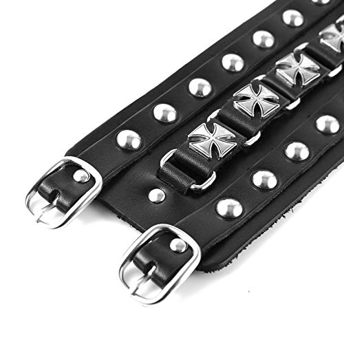 Men's Wide Cuff Wristband Punk Rock Motorbike Wide Belt Leather Bracelet (Black-A) #TOP5