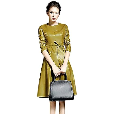 LAI MENG FIVE CATS Womens Faux Leather Fashion Long Sleeve A-line Midi Dress with Belted Yellow Cover