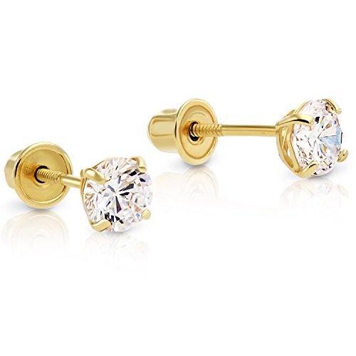 Art and Molly 14k Gold Solitaire Round Cubic Zirconia Studs in Secure Screw-backs | Solid 14-Karat Gold CZ Earrings