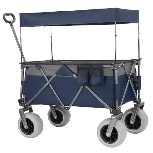 Carretilla plegable multiusos con mango flexible y toldo, cart utility de alta capacidad con ruedas de 9"x4" para camping y playa, transporte, compras y deportes, capacidad 480 lbs y 120 L, color azul miniatura 7