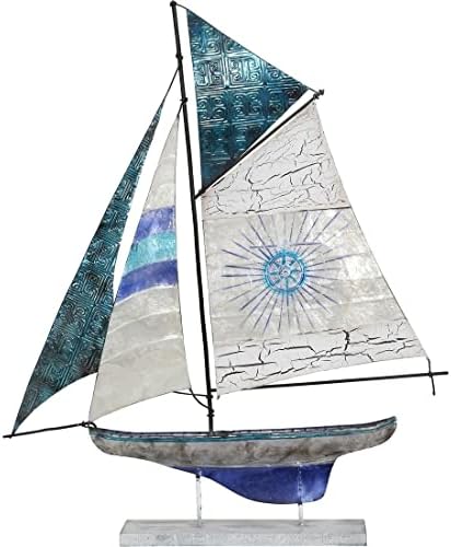 HS Seashells Sculpture, Schooner Sailboat on Stand Metal & Capiz Art, Small Statue, Nautical Décor, Coastal Home Decoration, 21"