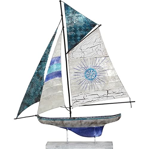 Hs Seashells Sculpture, Schooner Sailboat On Stand Metal & Capiz Art, Small Statue, Nautical Décor, Coastal Home Decoration, 21" #TOP2