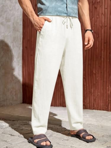 Image of TOPLOT Men's Premium Linen Blend Pants | Lightweight Breathable Fabric | Elastic Waist with Drawstring | Straight Fit | Side Pockets | Perfect for Casual, Holidays & Travel (5268)