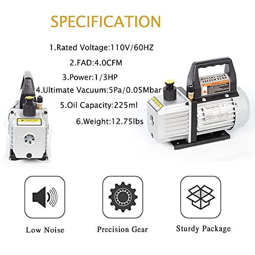 Wale&Morn 110V 1/3 Hp 4 Cfm Single Stage Rotary Vane Air Vacuum Pump And R134A Ac Manifold Gauge Set Kit With Leak Detector For Hvac Air Conditioning Refrigeration Recharging Etl Listed #TOP2