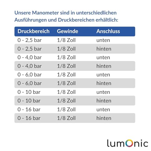 Lumonic I Manometer 0-16bar I 1/8 Zoll I Klasse 2,5 I Anschluss hinten I Durchmesser 40mm I Druckmesser I für Druckluft und Wasser