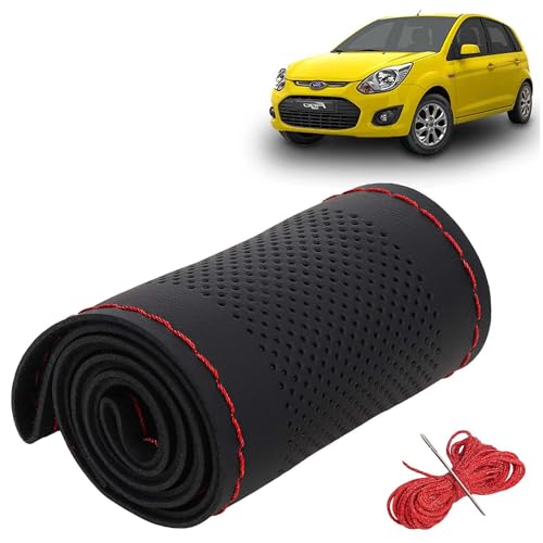 Image of KINGSWAY PU Leatherite Car Steering Cover Sewable Compatible with Ford Figo (Year 2008-2014), Black Color with Red Thread, Pack of 1 with Sewing Needle and Thread