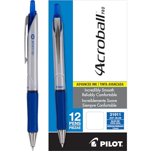 PILOT Acroball Pro Advanced Ink Refillable & Retractable Ball Point Pens, Medium Point, Blue Ink, 12-Pack (31911)