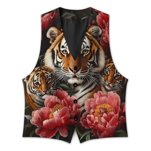 Tiger Mom with Flower Mens Slim Fit Suit Vest Dress Waistcoat Casual Business Vest3