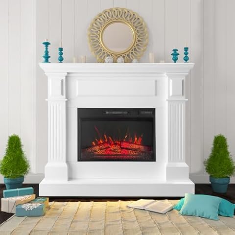43 Inch Electric Fireplace with Mantel, Tall Fire Place Heater Freestanding with Remote Control Timer LED Flame for Living Room Bedroom, White Cover