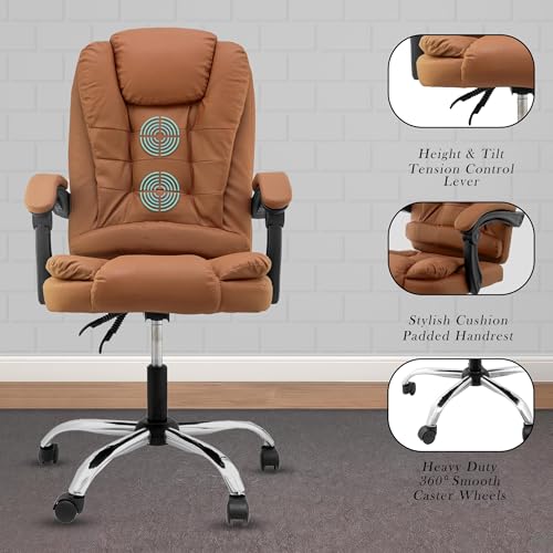Image of Casa Copenhagen Italia Premium Leatherette Office Chair for Work | Boss Chair, Ergonomic Executive, Luxurious Cushioned Arms & Seat, 2 Point Back Massager, Heavy Duty Metal Base (Mud Brown)