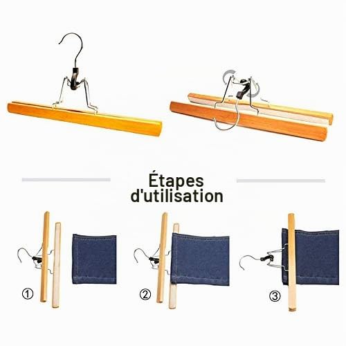 Lot de 8 cintres en bois sans bois avec clip rotatif antirouille pour pantalons, jupes et pantalons Finition