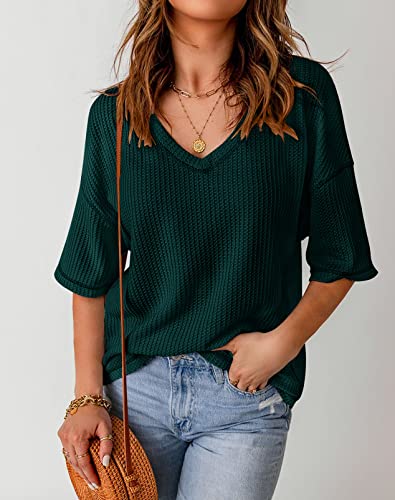 Merokeety Women's V Neck Batwing Half Sleeve Shirts Waffle Knit Loose Blouse Solid Color Tops, Darkgreen, Xl #TOP5