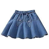 FEESHOW Jeans Rock für Mädchen Denim Faltenrock Minirock Hoch Taillen Dehnbare Swing Röcke Kurz Beiläufig Sommerrock Blau_B 122-128/7-8 Jahre