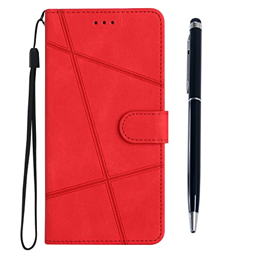Flip Premium Wallet Phone Case Shockproof PU Leather Magnet Cover Designed for Motorola Moto G7 Power with Kickstand Card Holder & 1 Touch Pen - Red