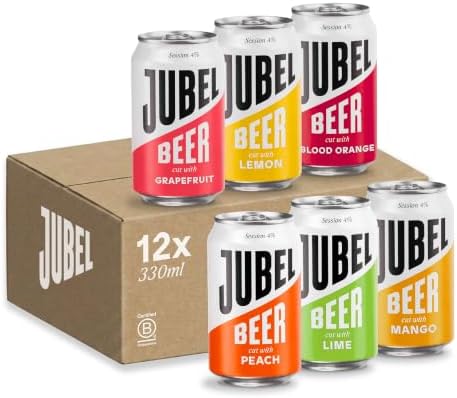 JUBEL Mixed Case (2 Peach, 2 Mango, 2 Lime, 2 Blood Orange, 2 Grapefruit, 2 Lemon) - Award Winning Gluten Free Beer - Vegan, Low Calorie & Low Sugar | Dangerously Refreshing Fruit Lager | 4% ABV