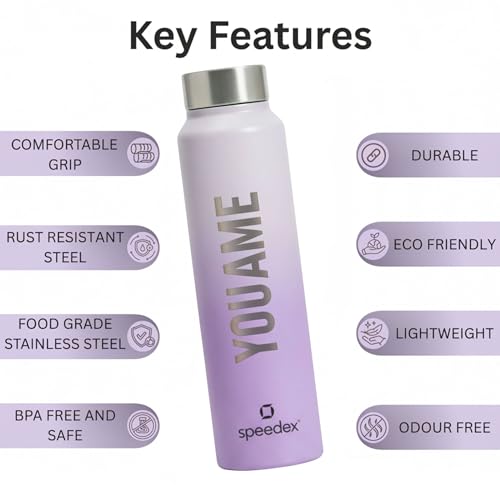 Image of Speedex Customised Engraved Name Stainless Steel Water Bottle 1 Ltr - Personalised Screw Cap Bottle for Kids, Men & Women, School, Office, Gym, Dual Purple, Set of 1