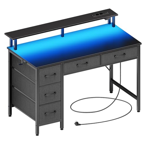 Seventable Bureau Gaming 100 cm avec LED RGB, Prises & Ports USB, Support Écran — Bureau avec Rangement et 5 Tiroirs en Tissu, Bureau Informatique pour Chambre ou...