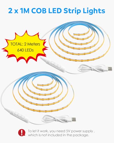 Image of Aclorol USB COB LED Strip Lights 3.28FT /1M Warm White 3000K Dimmable for TV | 2 Pack Short LED Strip Lights, Flexible and Cuttable, for Bedroom Wardrobe Kitchen Cupboard Staircase Home DIY Lighting
