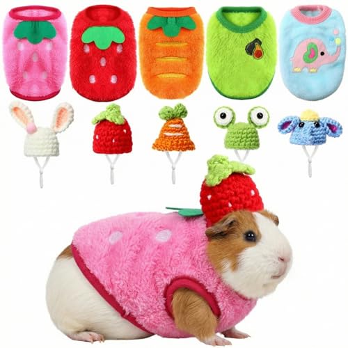 Clysee 10 Pcs Guinea Pig Clothes 5 Guinea Pig Costume Outfit 5 Mini Hat with Adjustable Strap XS Size for Chubby Guineas Pigs Rabbits Hamsters Bearded Dragons Holiday Party Outfits (Fresh Style)