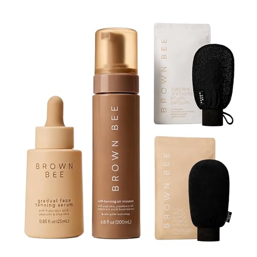 Brown Bee Self Tanning Bundle – Peptide Facial Tanning Serum 25ml, Air Self Tanning Mousse 200ml, Exfoliating Mitt & Application Mitt | Hydrating Face & Body Tanner Kit for Streak-Free Natural Bronze