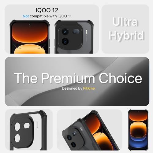 Image of Pikkme iQOO 12 5G Back Cover | Crystal Clear Transparent Back | Ultra Hyrbid | Full Camera Protection | Raised Edge | Bumper Back Case (Black)