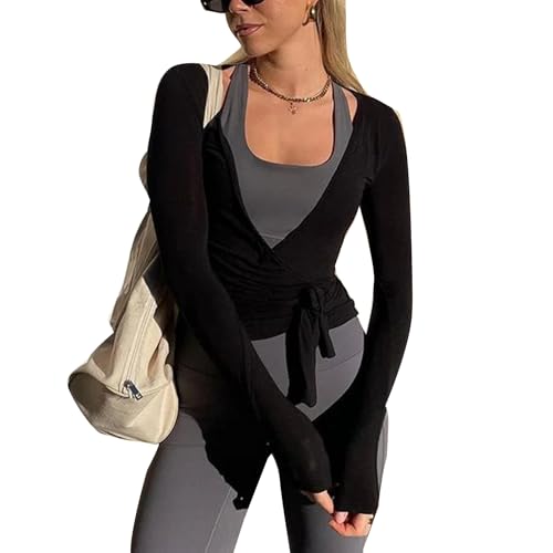 Amiblwova Women Ballet Wrap Top Yoga Pilates Wrap Shirt Long Sleeve Workout Dance Top Self Tie Strap Ballerina Blouse